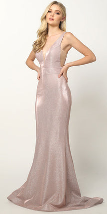 Juliet 695 Glitter Sheath Dress Floor Length Deep-V Neckline