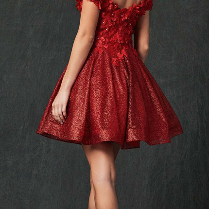 Juliet 861 Floral Embroidered Glitter Mesh Short A-Line Dress