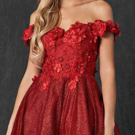 Juliet 861 Floral Embroidered Glitter Mesh Short A-Line Dress