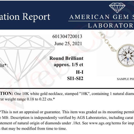 AGS Certified 10K White Gold 1/5 Cttw Bezel Set Round Diamond Solitaire 16-18" Adjustable Pendant Necklace (H-I Color, SI1-SI2 Clarity)
