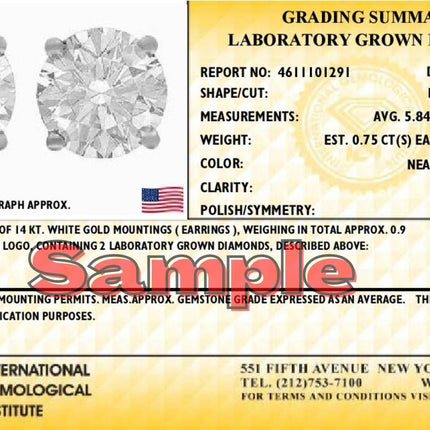 IGI Certified 14K White Gold 1 1/2 Cttw Lab Grown Diamond Solitaire Stud Earrings with Screwbacks (H-I Color, VS1-VS2 Clarity)