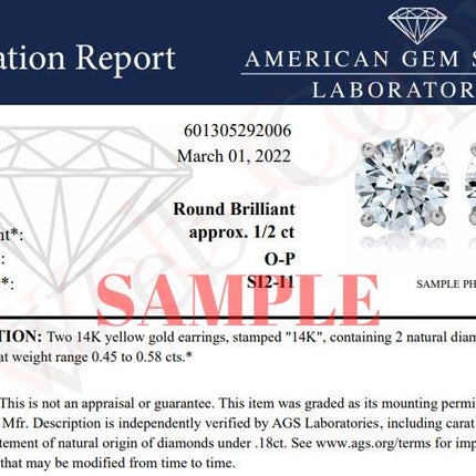 AGS Certified 14K Yellow Gold 1/2 Cttw 4 Prong Set Brilliant Round-Cut Solitaire Diamond Push Back Stud Earrings (O-P, Color, SI2-I1 Clarity)