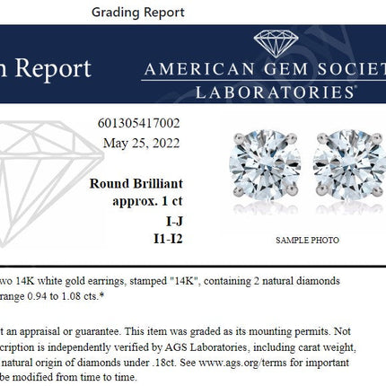 AGS Certified 14K White Gold 1.0 Cttw 4-Prong Set Brilliant Round-Cut Solitaire Diamond Push Back Stud Earrings (I-J Color, I1-I2 Clarity)