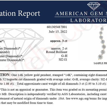 AGS Certified 14K Yellow Gold 3.0 Cttw Baguette and Brilliant Round-Cut Diamond Journey 18" Pendant Necklace (G-H Color, SI2-I1 Clarity)