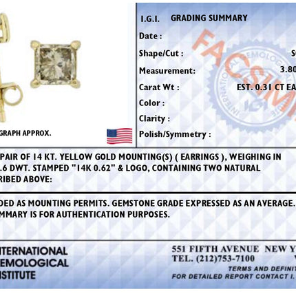 14K Yellow Gold 5/8 Cttw Princess Natural Brown Color Diamond 4-Prong Stud Earrings (Brown Color, SI2-I1 Clarity)