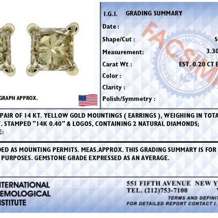 IGI Certified 3/8 Cttw Princess-Cut Square Diamond 4-Prong Solitaire Stud Earrings in 14K Yellow Gold (K-L Color, I1-I2 Clarity)