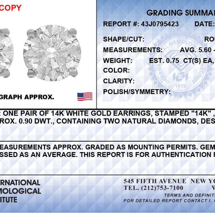 IGI Certified 14K White Gold 1 1/2 Cttw Round Diamond Solitaire Stud Earrings with Screwbacks (G-H Color, I1-I2 Clarity)