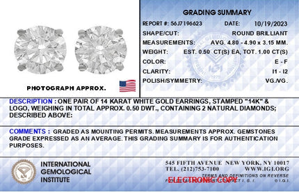 IGI Certified 14K White Gold 1.0 Cttw 4-Prong Set Brilliant Round-Cut Solitaire Diamond Push Back Stud Earrings (E-F Color, I1-I2 Clarity)