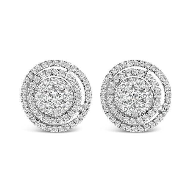 14K Gold 1 3/8 Cttw Diamond Cluster and Double Halo Stud Earring (G-H Color, SI1-SI2 Clarity)