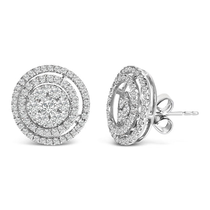 14K Gold 1 3/8 Cttw Diamond Cluster and Double Halo Stud Earring (G-H Color, SI1-SI2 Clarity)