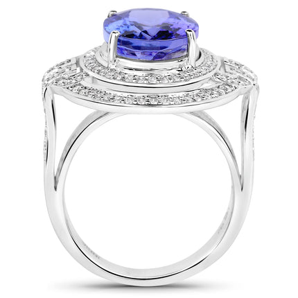 14K White Gold 6.83 Carat Genuine Tanzanite and White Diamond Ring