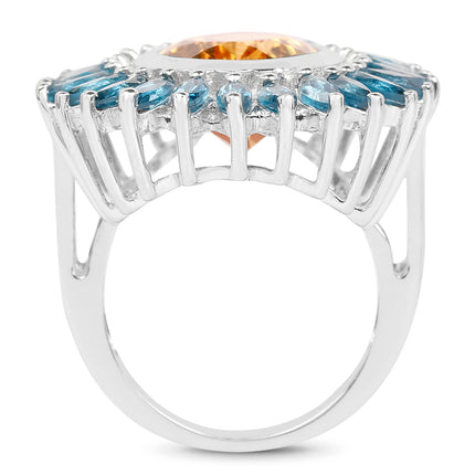 7.54 Carat Genuine Citrine & London Blue Topaz .925 Sterling Silver Ring