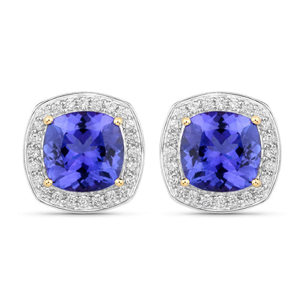 5.98 Carat Genuine Tanzanite and White Diamond 14K Yellow Gold Earrings