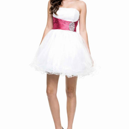 CLEARANCE - Cinderella Divine 077 Short Strapless White Dress Hot Pink Rhinestone Waist Tulle