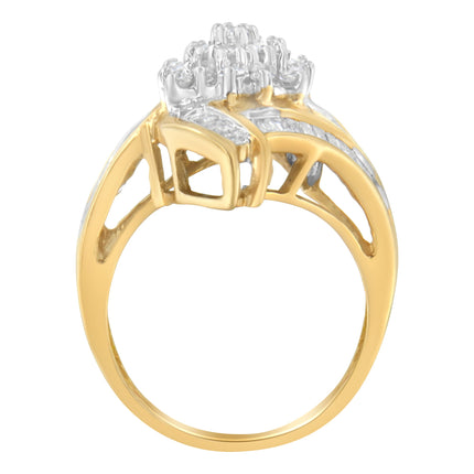 10K Yellow Gold Round and Baguette-Cut Diamond Bypass Cluster Ring (1.0 Cttw, I-J Color, I1-I2 Clarity) - Size 8