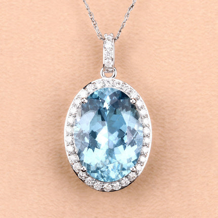 9.59 Carat Genuine Aquamarine and White Diamond 14K White Gold Pendant