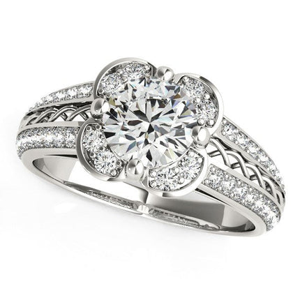 Round Cut Bridal Ring | 1 3/8 Ct Diamond Floral Engagement Ring 14K White Gold