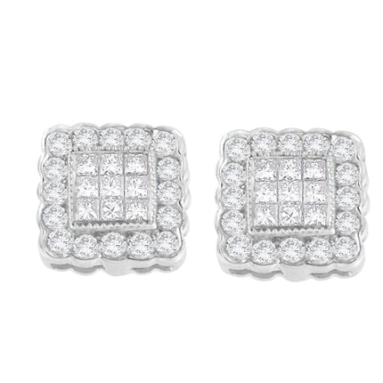 14K White Gold 1.0 Cttw Round Brilliant & Princess Cut Diamond Scallop-Edge Framed Square Halo Stud Earrings (G-H Color, SI1-SI2 Clarity)
