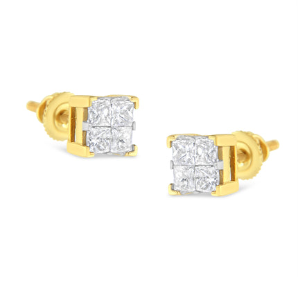 10K Yellow Gold 3/4 Cttw Invisible Set Princess-Cut Diamond Composite Square Stud Earrings (I-J Color, I2-I3 Clarity)