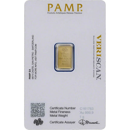 1 Gram Gold Bar PAMP Suisse Fortuna 999.9 Fine in Sealed Assay
