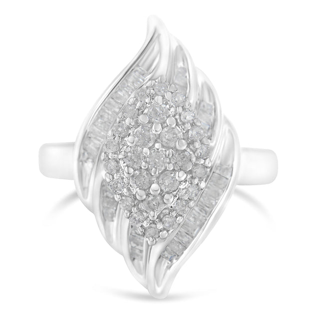 .925 Sterling Silver Â¾ Cttw Round and Baguette Cut Diamond Stair-Stepped Cluster Waterfall Cocktail Ring (I-J Color, I2-I3 Clarity) - Size 6
