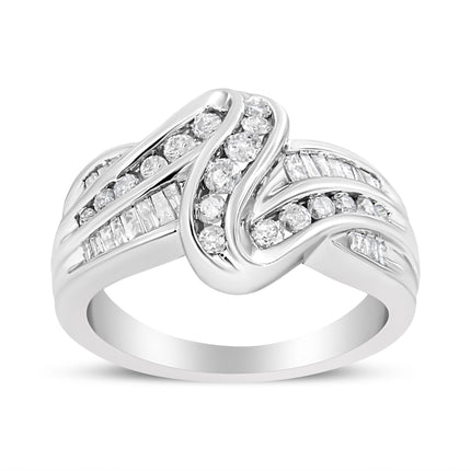 10K White Gold Ring 3/4 Cttw Round and Baguette-Cut Diamond Bypass Ring (H-I Color, I2-I3 Clarity) - Size 6