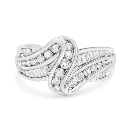 10K White Gold Ring 3/4 Cttw Round and Baguette-Cut Diamond Bypass Ring (H-I Color, I2-I3 Clarity) - Size 6