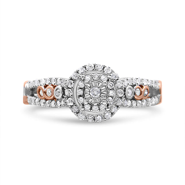 14K Rose Gold Plated .925 Sterling Silver 3/8 Cttw Round Diamond Double Frame Cross-Over Split Shank Engagement Ring (I-J Color, I2-I3 Clarity) - Size 7