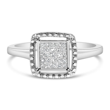 .925 Sterling Silver 1/5 Cttw Invisible Set Princess Cut Diamond Promise Ring with Beaded Halo (H-I Color, I1-I2 Clarity) - Ring Size 7