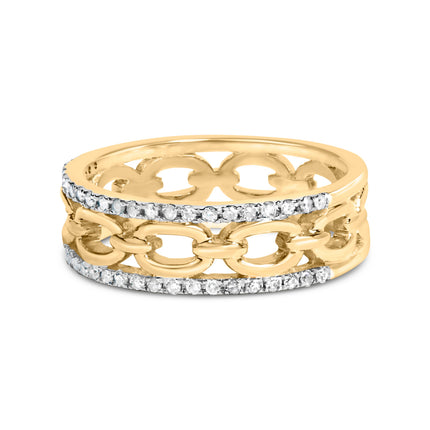 10K Yellow Gold 1/5 Cttw Diamond Two Row Cuban Link Ring (I-J Color, I2-I3 Clarity) - Size 7