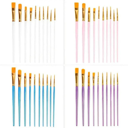 10-Pieces: Artist Paintbrush Nylon Round Pointed Flat Head Set