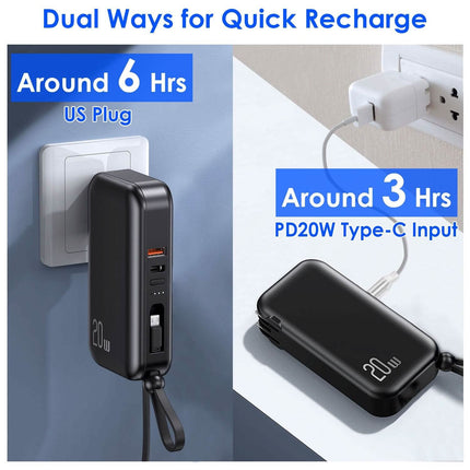 10000mAh Portable Charger with US Plug 3 Inbuilt Cables