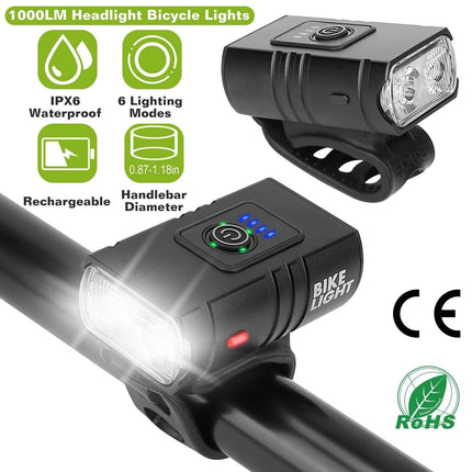 1000LM Bike Front Light Rechargeable Handlebar Head Light with 6 Lighting Modes