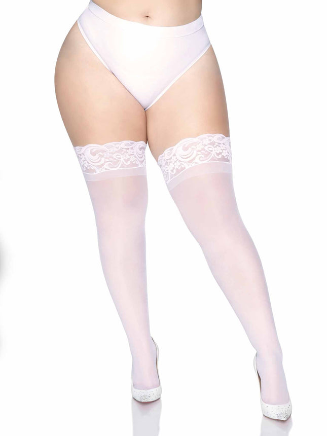 Plus Size Stay Up Lace Top Spandex Sheer Thigh Highs - White - PLUS SI