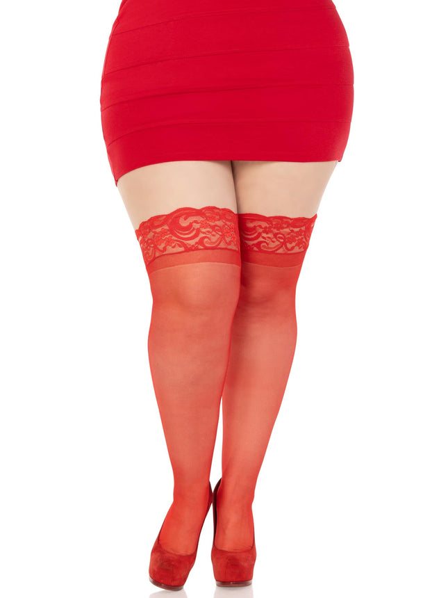 Plus Size Stay Up Lace Top Spandex Sheer Thigh Highs - Red - PLUS SI