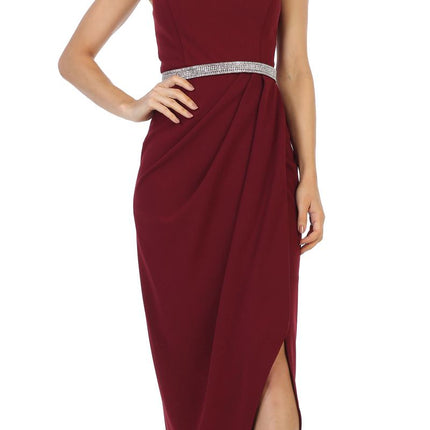 CLEARANCE - Spaghetti Strap Belted Faux-Wrap Style Long Formal Dress (Size XL)