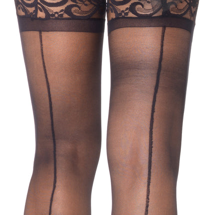 Stay Up Sheer Lace Top Backseam Thigh Highs - Black - O/S