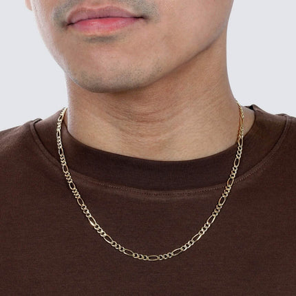 10K Solid Gold 3MM Italian Figaro Chain Link Pendant Necklace