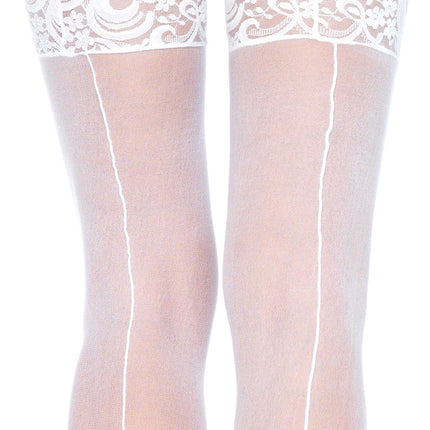 Sheer Lace Top Backseam Thigh Highs - White - O/S