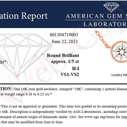 AGS Certified 10K Rose Gold 1/5 Cttw Bezel Set Round Diamond Solitaire 16-18" Adjustable Pendant Necklace (H-I Color, VS1-VS2 Clarity)