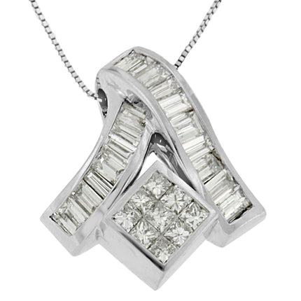 14K White Gold 1 7/8 cttw Princess and Baguette Cut Mixed Geometry Diamond Pendant Necklace (G-H, SI1-SI2)