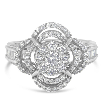 14K White Gold 1.0 Cttw Round & Baguette Cut Diamond Floral Cluster Quatrefoil Channel Set Band Cocktail Statement Ring (H-I Color, SI2-I1 Clarity) - Size 6-3/4