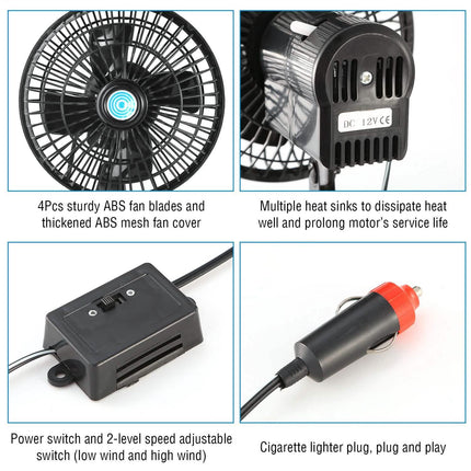 12V Car Fan Oscillating Clip on Cooling Fan with 2 Speeds 120° Rotation