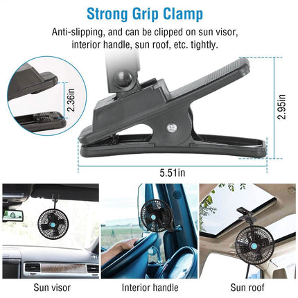 12V Car Fan Oscillating Clip on Cooling Fan with 2 Speeds 120° Rotation