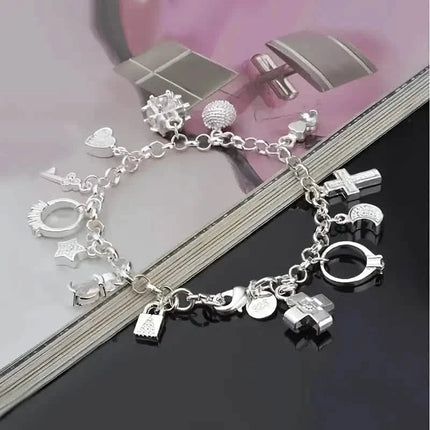13 Pendant Charm Bracelet - Cubic Zirconia, No Plating, Fashion Jewelry Chain
