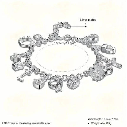 13 Pendant Charm Bracelet - Cubic Zirconia, No Plating, Fashion Jewelry Chain
