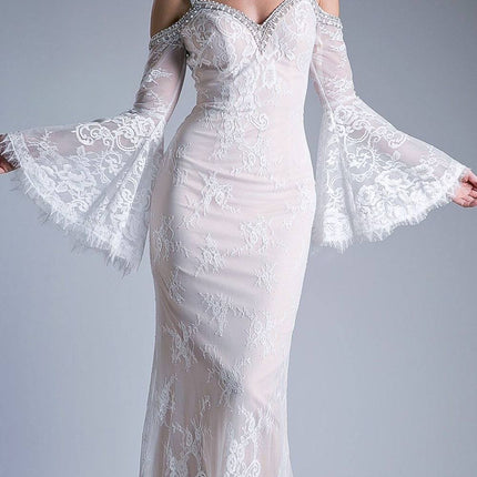 Cinderella Divine 13112 Cold Shoulder Long Sheath Dress Trumpet Bell Sleeves