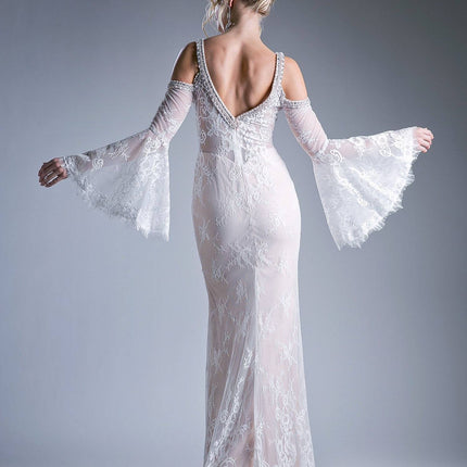 Cinderella Divine 13112 Cold Shoulder Long Sheath Dress Trumpet Bell Sleeves