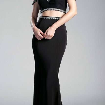 Cinderella Divine 13114A Cold-Shoulder Crop Top Two-Piece Long Dress