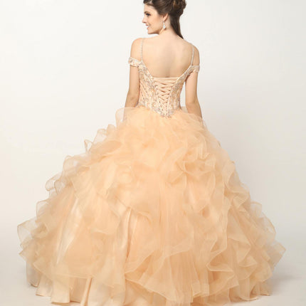 Juliet 1421 Cinderella Ball Gown Ruffled Tulle Cold Shoulder Embroidered Bodice